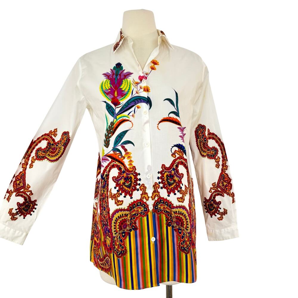 Etro Button-Down Shirt Long Sleeve Top Blouse White Floral Paisley 46 (US10) - Picture 1 of 12